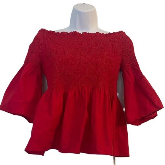 Fashion Wild Cat Chic Red Smocked Off-Shoulder Ruffle Neck Blouse, Large - Picture 1 of 5